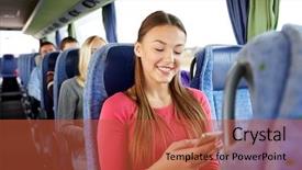  Presentation with road trip - PPT theme featuring woman sitting in travel bus background and a  colored foreground