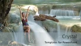  Presentation with waterfall woman - PPT theme featuring woman-sitting-in-tropical-waterfall background and a light blue colored foreground