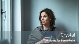  Presentation with house window - Amazing PPT layouts having woman-sitting-near-the-window backdrop and a gray colored foreground
