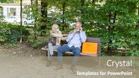  Presentation with man sitting bench - Presentation featuring woman-sitting-on-a-bench background and a coral colored foreground
