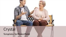  Presentation with young man and a woman - Presentation having woman sitting on a bench background and a coral colored foreground