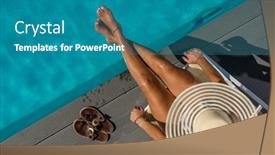  Presentation with five stars - Amazing slide deck having woman-sitting-on-a-deck backdrop and a teal colored foreground