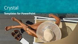  Presentation with five stars - Cool new PPT layouts with woman-sitting-on-a-deck backdrop and a ocean colored foreground