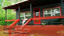  Presentation with log cabin - Slides with woman sitting on a deck of log cabin background and a red colored foreground