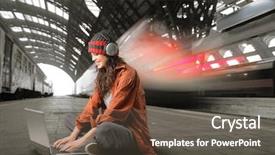  Presentation with platform design - Presentation design consisting of woman sitting on a platform background and a dark gray colored foreground