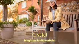  Presentation with mobile home - PPT theme consisting of woman-sitting-on-bench-outside background and a coral colored foreground