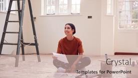  Presentation with decorate - Beautiful PPT layouts featuring woman-sitting-on-floor backdrop and a soft green colored foreground