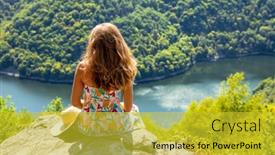  Presentation with mountain view - Presentation consisting of woman-sitting-on-mountain-peak background and a yellow colored foreground