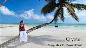  Presentation with zanzibar - Slides consisting of woman sitting on palm tree on exotic beach of zanzibar island background and a light gray colored foreground