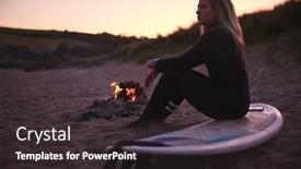  Presentation with camp - Cool new PPT layouts with woman-sitting-on-surfboard backdrop and a dark gray colored foreground
