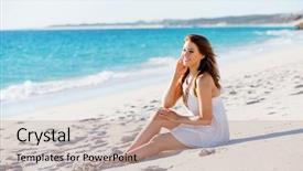  Presentation with sitting teddy bear isolated - Presentation design featuring woman sitting on the beach background and a  colored foreground