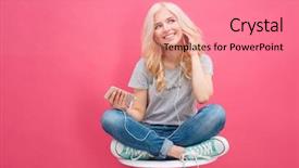  Presentation with listening woman - PPT layouts with woman sitting on the chair background and a coral colored foreground