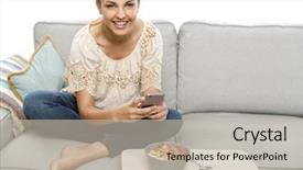  Presentation with eat - Slides with woman sitting on the couch ready to eat and talking picture to her food background and a mint green colored foreground