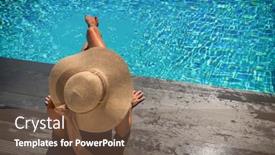  Presentation with swimming pool - PPT theme with woman-sitting-on-the-deck background and a violet colored foreground