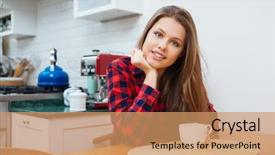  Presentation with young business woman smile show - Slides having woman sitting on the kithen background and a  colored foreground