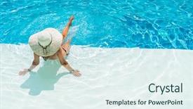  Presentation with water woman swimming underwater - Beautiful slide deck featuring woman sitting on the ledge backdrop and a sky blue colored foreground