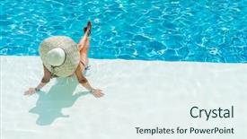  Presentation with swimming pool - Audience pleasing PPT theme consisting of woman sitting on the ledge backdrop and a  colored foreground