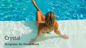  Presentation with water woman swimming underwater - Colorful slide deck enhanced with woman sitting on the ledge backdrop and a soft green colored foreground