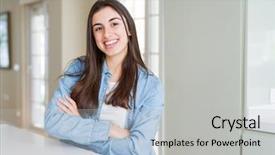  Presentation with army person pressing remote baton - Cool new slide deck with woman sitting on white table backdrop and a  colored foreground