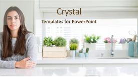  Presentation with wide - Slides with woman sitting on white table background and a  colored foreground