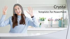  Presentation with wide - Slide set featuring woman sitting on white table background and a  colored foreground