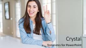  Presentation with victory - Presentation theme consisting of woman sitting on white table background and a light blue colored foreground