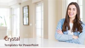  Presentation with wide - Slide set having woman sitting on white table background and a lemonade colored foreground