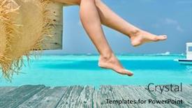  Presentation with beach - Beautiful PPT theme featuring woman-sitting-on-wooden-beach backdrop and a cyan colored foreground