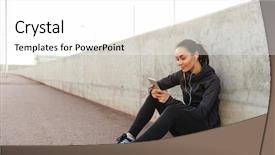  Presentation with music and sports - Beautiful slide set featuring woman sitting outdoors listening music backdrop and a white colored foreground