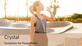  Presentation with water sports - Slide deck enhanced with woman sitting outdoors listening music background and a coral colored foreground