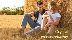  Presentation with golden woman - Slide deck having woman sitting under big haystack background and a  colored foreground