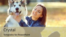  Presentation with guide dog helping blind woman - Cool new slide deck with woman sitting with her dog backdrop and a coral colored foreground