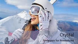  Presentation with business woman standing on maze - Beautiful slide set featuring woman skier standing at snow backdrop and a  colored foreground