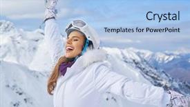  Presentation with snow - PPT theme featuring woman skier standing at snow background and a light blue colored foreground