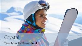  Presentation with white snow - Slides enhanced with woman-skier-wearing-white-healmet background and a light blue colored foreground