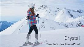  Presentation with snow mountain - Theme with woman-skier-wearing-white-healmet background and a light blue colored foreground