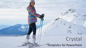  Presentation with snow mountain - Audience pleasing theme consisting of woman-skier-wearing-white-healmet backdrop and a light blue colored foreground