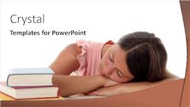  Presentation with stack books - Colorful PPT theme enhanced with woman sleeping with head on desk next to stack of books backdrop and a white colored foreground