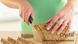  Presentation with frozen mixed berries as - Presentation featuring woman slicing mixed grain bread background and a coral colored foreground
