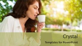  Presentation with varieties of tea - PPT layouts enhanced with woman smelling and drinking tea background and a yellow colored foreground