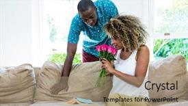  Presentation with living room - PPT layouts featuring woman smelling bunch of rosses background and a coral colored foreground