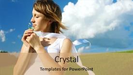  Presentation with blue flower - Beautiful presentation theme featuring woman smelting flower and blue backdrop and a  colored foreground