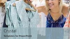  Presentation with rail - Colorful slide deck enhanced with woman smiling and looking through clothes rail in shopping mall backdrop and a light blue colored foreground