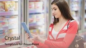 Presentation with grocery - PPT layouts featuring woman smiling and looking her tablet computer on a grocery background and a soft green colored foreground