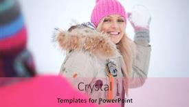  Presentation with snowball - Beautiful PPT theme featuring woman-snowball-fights-on-winter backdrop and a coral colored foreground
