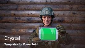  Presentation with tablet - Slide set having woman-soldier-using-tablet-computer background and a tawny brown colored foreground