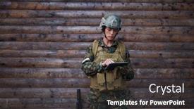  Presentation with computer - Presentation design enhanced with woman-soldier-using-tablet-computer background and a dark gray colored foreground