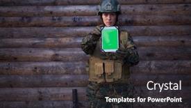  Presentation with camp - Colorful PPT theme enhanced with woman-soldier-using-tablet-computer backdrop and a dark gray colored foreground