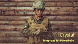  Presentation with camp - Presentation theme featuring woman-soldier-using-tablet-computer background and a tawny brown colored foreground