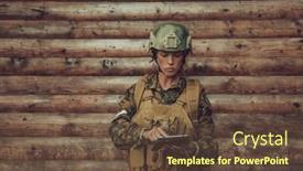  Presentation with camp - Presentation theme with woman-soldier-using-tablet-computer background and a tawny brown colored foreground